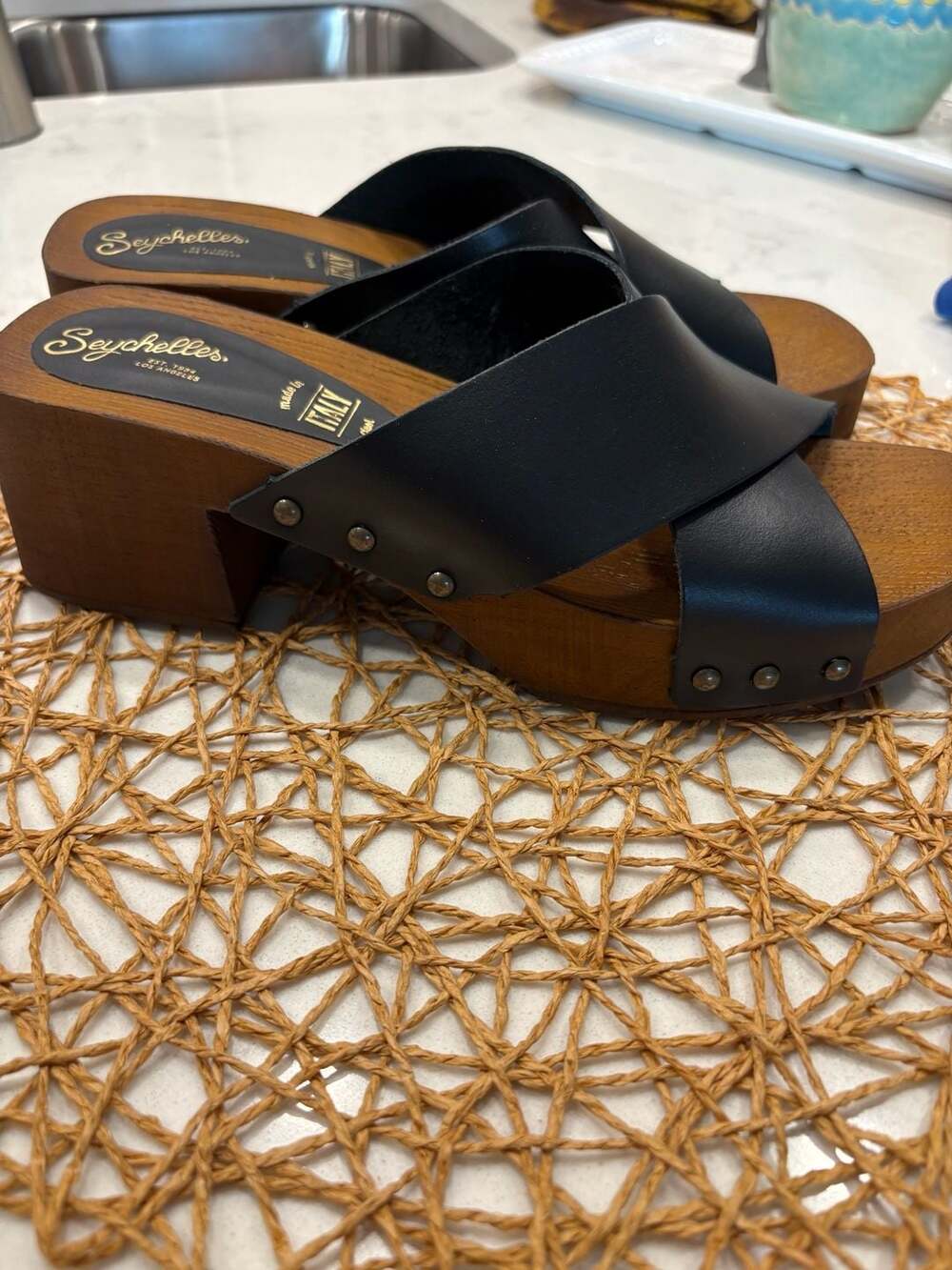 Seychelles Black Leather Criss Cross Wooden Platform Clog Sandals - Picture 2 of 9